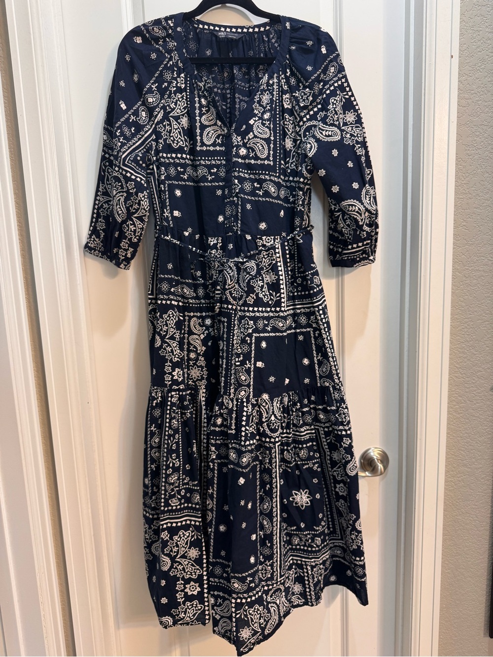 M&S Collection Blue Floral Dress Sz12 3/4 Sleeve Split Vneck Tiered SlidePockets